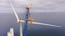 Blade installation during the construction of Ørsted's Hornsea 2 offshore wind farm Blade installation during the construction of Ørsted's Hornsea 2 offshore wind farm