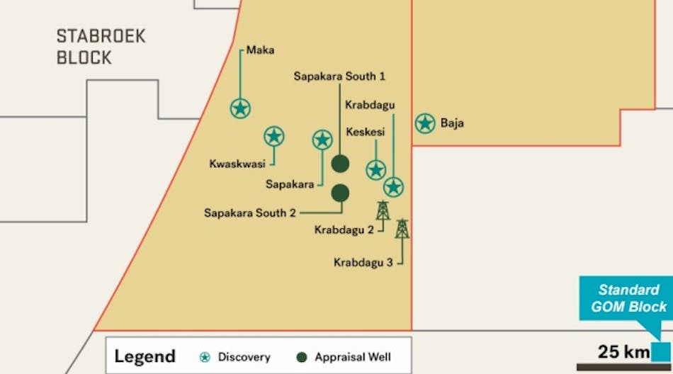 APA Corp. announced the first exploration discovery at the Baja well in Block 53 (45% working interest) in August 2022. Block 53 is highlighted in brown.