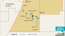 The orange highlighted area represents Block 53, where APA announced its first exploration discovery at the Baja well in third-quarter 2022. The orange highlighted area represents Block 53, where APA announced its first exploration discovery at the Baja well in third-quarter 2022.