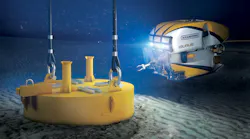 In this illustration, the Isurus ROV oversees the installation of a suction anchor at a floating wind project.