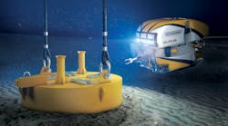 In this illustration, the Isurus ROV oversees the installation of a suction anchor at a floating wind project.