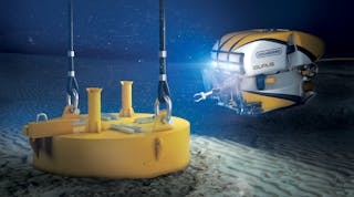 In this illustration, the Isurus ROV oversees the installation of a suction anchor at a floating wind project.