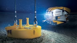 In this illustration, the Isurus ROV oversees the installation of a suction anchor at a floating wind project. In this illustration, the Isurus ROV oversees the installation of a suction anchor at a floating wind project.