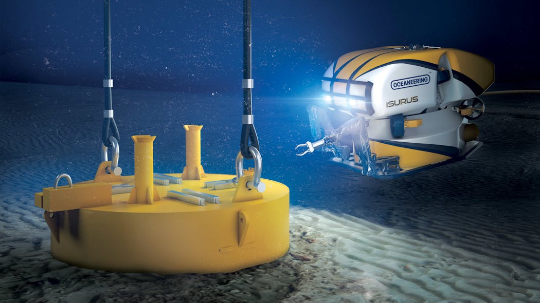 In this illustration, the Isurus ROV oversees the installation of a suction anchor at a floating wind project.