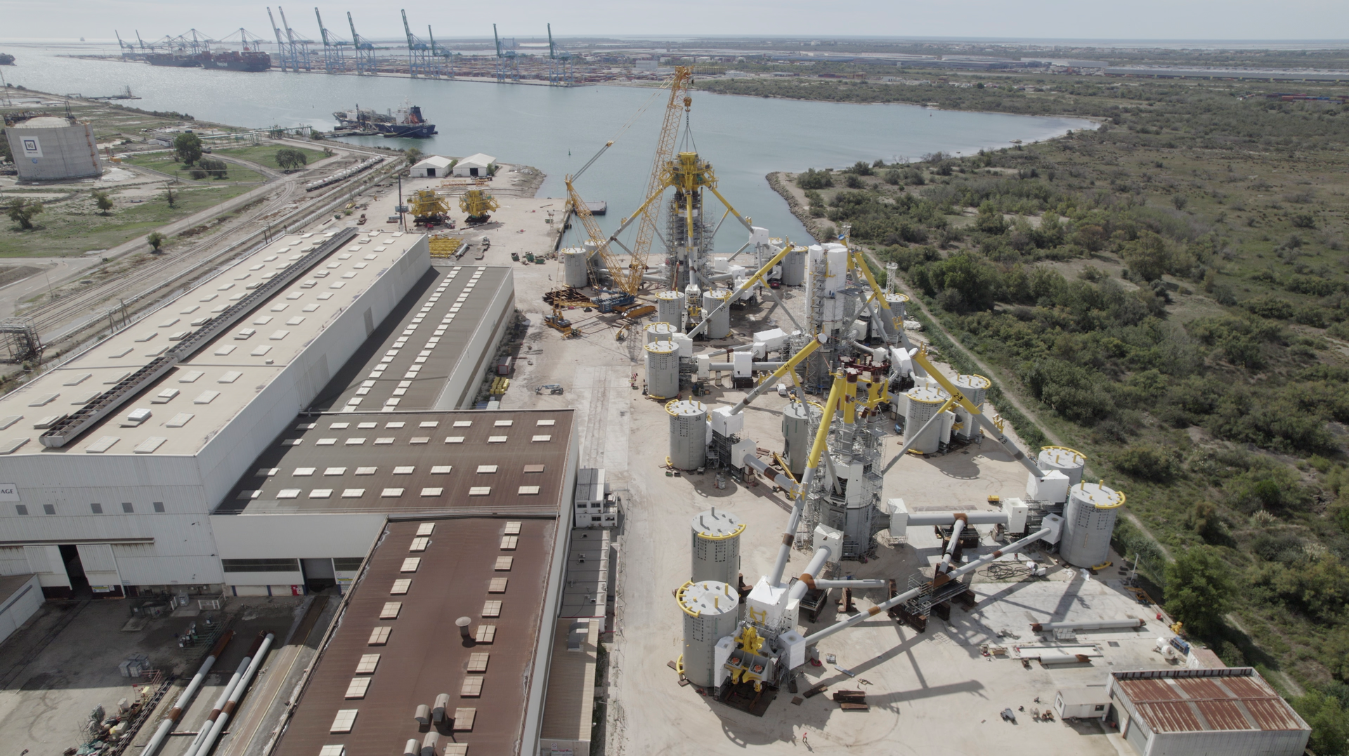 Assembly of components for the Provence Grand Large floating offshore wind project at Fos sur Mer.