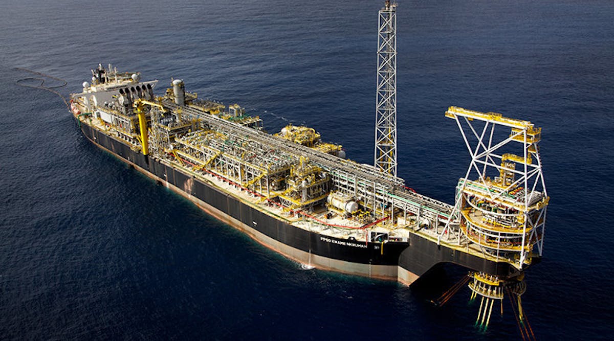 The FPSO Kwame Nkrumah MV21 is installed in about 1,100 m water depth on the Jubilee Field offshore Ghana.