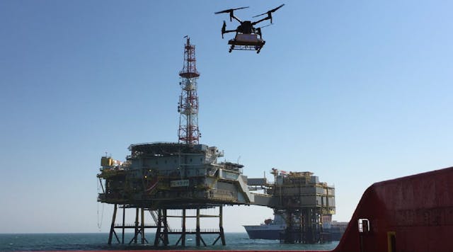 Using a drone-mounted sensor, methane monitoring takes place on an offshore platform.