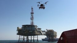 Using a drone-mounted sensor, methane monitoring takes place on an offshore platform. Using a drone-mounted sensor, methane monitoring takes place on an offshore platform.