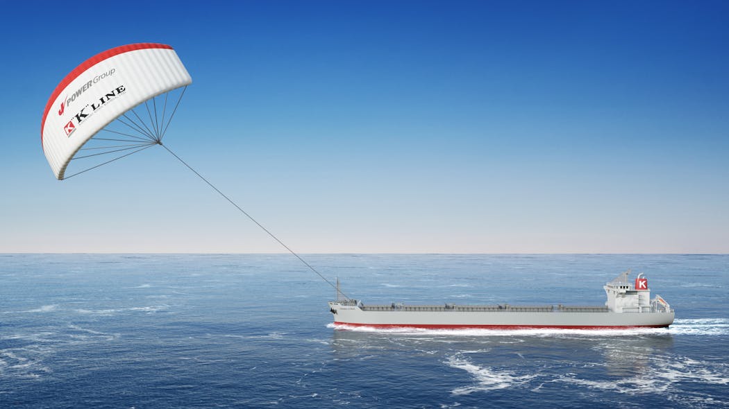 Artist rendering of the Seawing automated kite system on the Corona Citrus coal carrier.