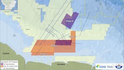 The map details location of different phases of the Suriname 3D survey. The map details location of different phases of the Suriname 3D survey.