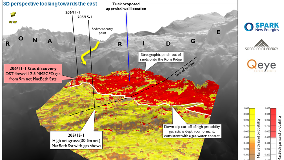 This Tuck 3D perspective map illustrates the seismic inversion high gas probability area in red, located adjacent to Well 206/11-1, which flowed gas.