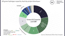 UK green hydrogen capacity share by project developer announced for startup by 2030