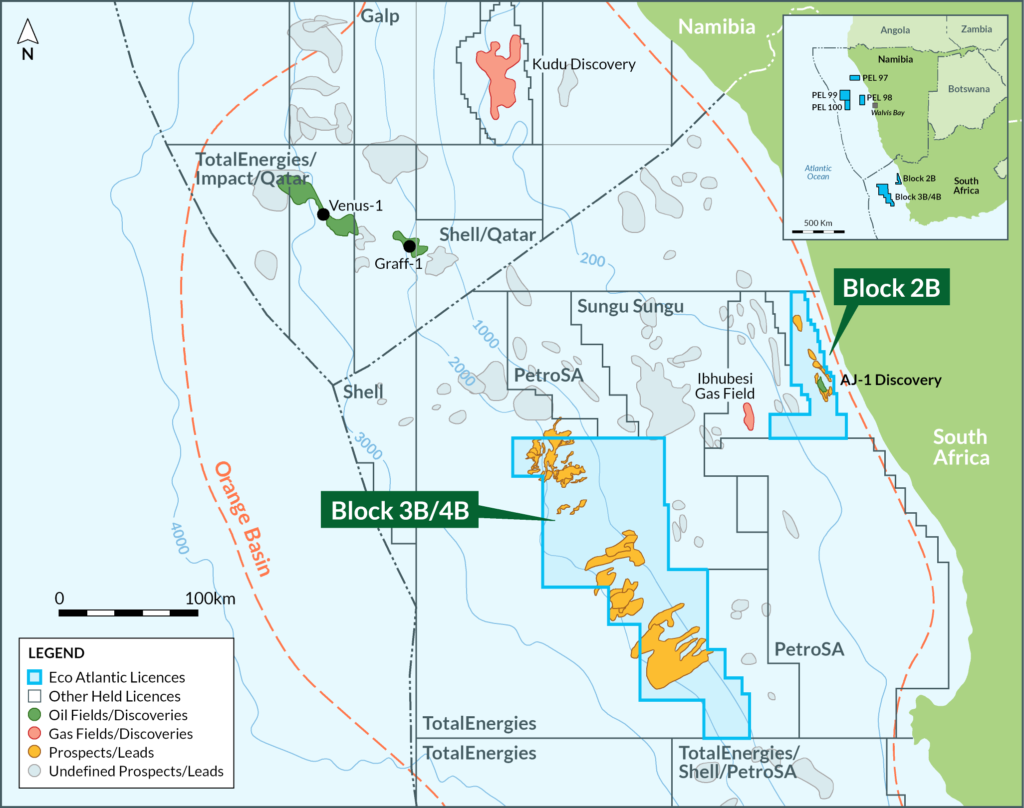 The Block 3B/4B off concession is 180 km offshore South Africa in the Orange basin.