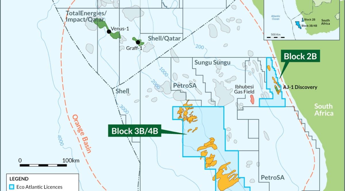 The Block 3B/4B off concession is 180 km offshore South Africa in the Orange basin.