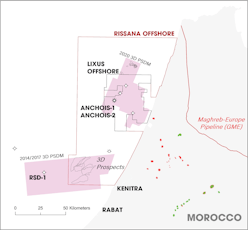 The Rissana offshore license, covering an area of 8,489 sq km, surrounds the offshore boundaries of Chariot’s existing Lixus offshore license, as well as covering the most prospective northern areas of the previously held Mohammedia offshore and Kenitra offshore licenses. The Rissana offshore license, covering an area of 8,489 sq km, surrounds the offshore boundaries of Chariot’s existing Lixus offshore license, as well as covering the most prospective northern areas of the previously held Mohammedia offshore and Kenitra offshore licenses.