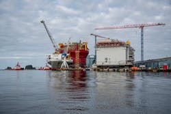 The Penguins FPSO placed alongside the Dogger Bank A offshore wind platform The Penguins FPSO placed alongside the Dogger Bank A offshore wind platform