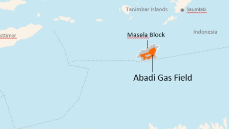 The gray region represents the Masela Block, while the orange area represents the gas field.