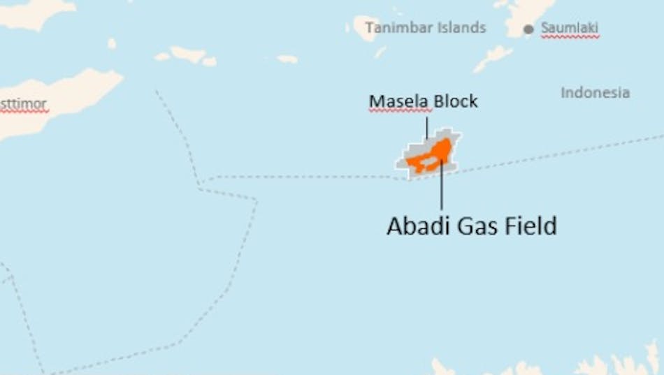 The gray region represents the Masela Block, while the orange area represents the gas field.