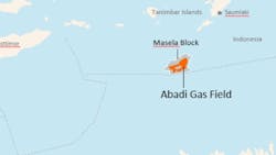 The gray region represents the Masela Block, while the orange area represents the gas field. The gray region represents the Masela Block, while the orange area represents the gas field.