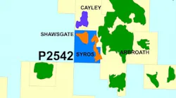 Syros is the main prospect on P2542 and is mapped on 3D seismic data as a pinch out of the Fulmar Fm against the high.