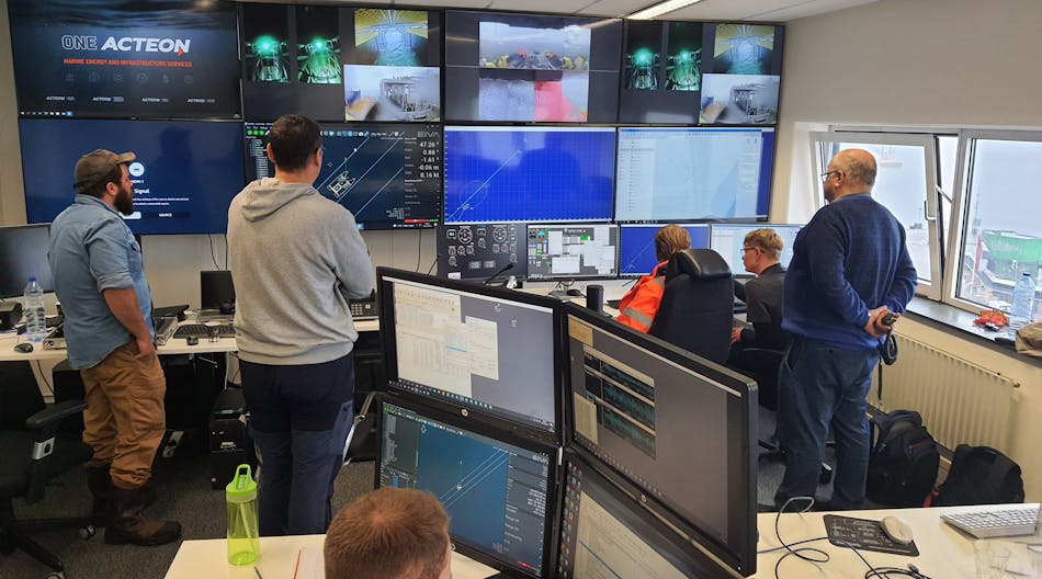 A remote operation center conducts monitoring for an uncrewed survey vessel.