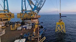 Foundation installation at the Seagreen wind farm site took place 27 km off the coast of the county of Angus in Scotland. Foundation installation at the Seagreen wind farm site took place 27 km off the coast of the county of Angus in Scotland.