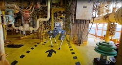 ANYmal X, the world&rsquo;s only Ex-proof legged inspection robot, performs inspection missions on an offshore platform.