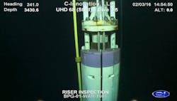 A C-Innovation ROV inspects a riser. A C-Innovation ROV inspects a riser.