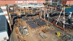 The construction stage of the semisubmersible offshore floating PV power generation platform The construction stage of the semisubmersible offshore floating PV power generation platform