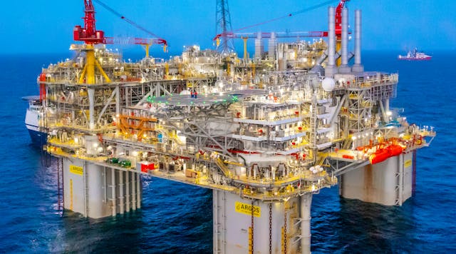 Operating in 4,500 feet of water, Argos stands 27 stories tall, and the platform has a deck the length and width of an American football field, and weighs more than 60,000 tons.