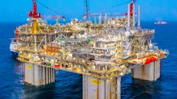 Operating in 4,500 feet of water, Argos stands 27 stories tall, and the platform has a deck the length and width of an American football field, and weighs more than 60,000 tons. Operating in 4,500 feet of water, Argos stands 27 stories tall, and the platform has a deck the length and width of an American football field, and weighs more than 60,000 tons.