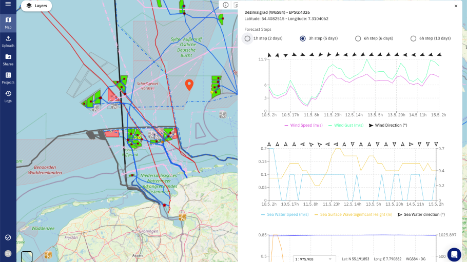 Metocean data can be viewed as a layer on the TrueOcean Marine Data Platform&rsquo;s map view.