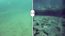 This before (left) and after comparison illustrates how an i2S camera, using image processing algorithms, achieved real-time underwater video image quality.