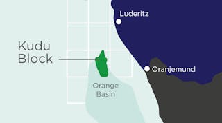 The Kudu gas discovery is in the northern Orange sub-basin about 130 km off the southwest coast of Namibia.