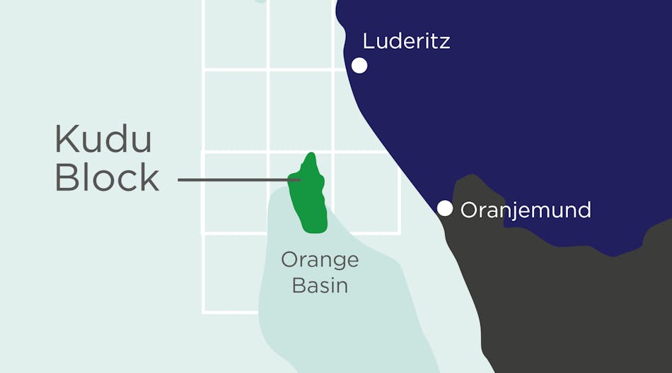 The Kudu gas discovery is in the northern Orange sub-basin about 130 km off the southwest coast of Namibia.