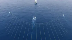 An aerial view of a p-cable spread, which can be rapidly deployed from small vessels, shows compact spread dimensions and closely spaced streamers.