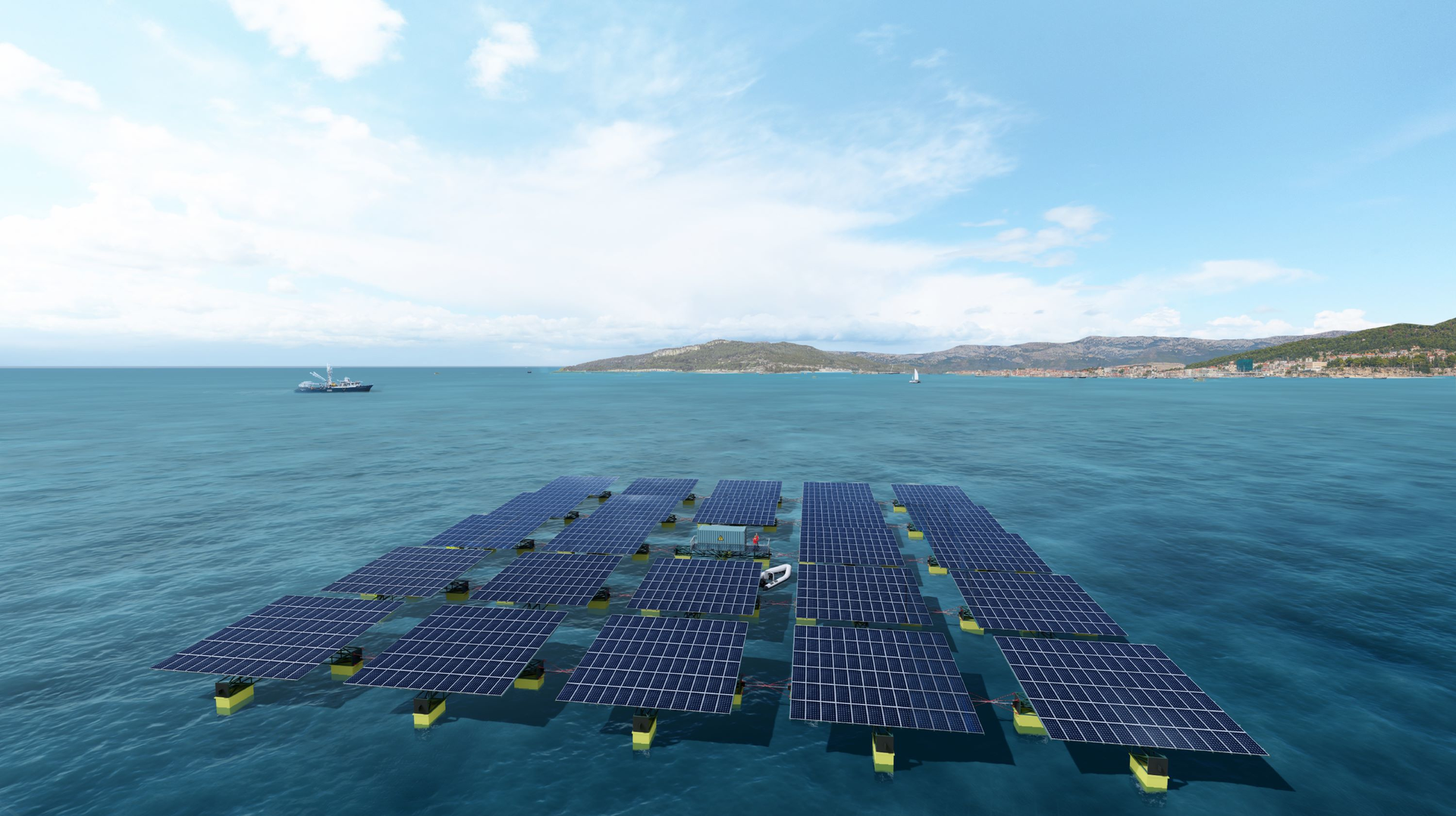 Artist conception of floating PV units for the Sun&rsquo;S&egrave;te project along coastal southern France.