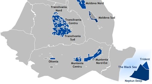 Romgaz licenses are represented in blue and its commercial fields in gray.