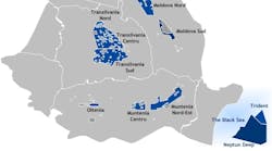 Romgaz licenses are represented in blue and its commercial fields in gray. Romgaz licenses are represented in blue and its commercial fields in gray.