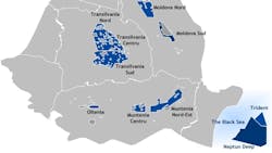 Romgaz licenses are represented in blue and its commercial fields in gray. Romgaz licenses are represented in blue and its commercial fields in gray.
