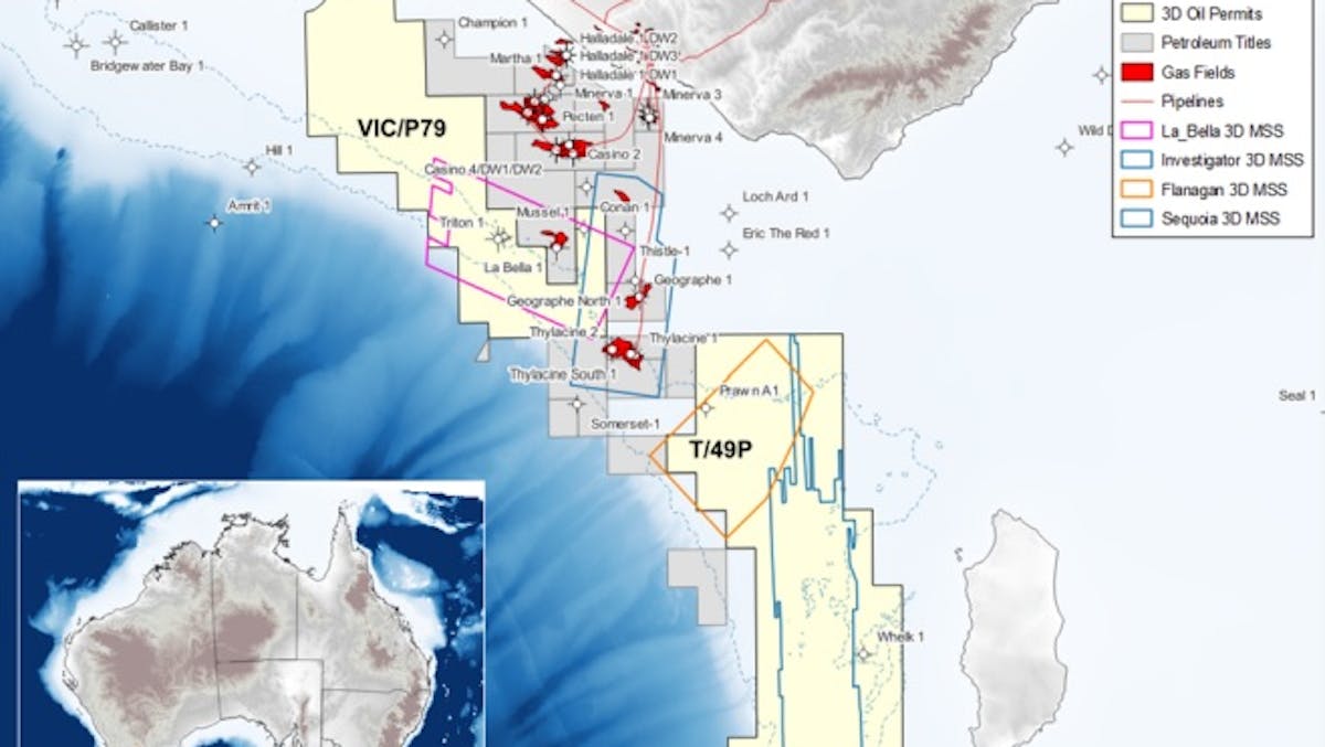 Location map of the VIC/P79 and T/49P exploration permits offshore Otway Basin