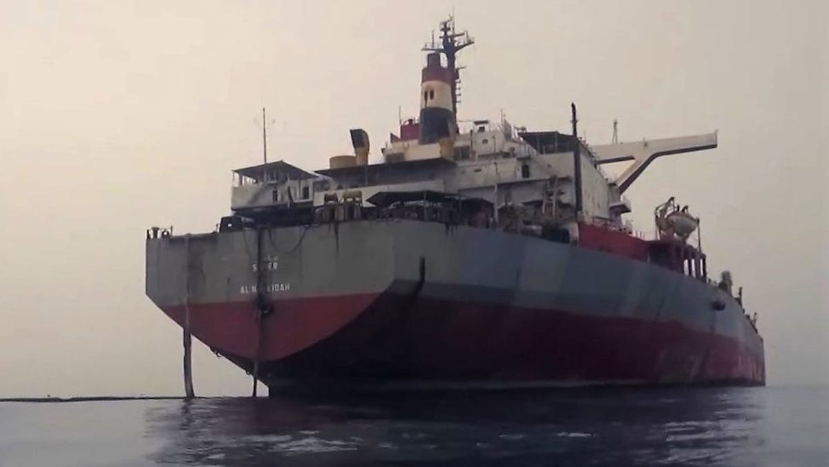 The decaying Safer FSO, which has been at risk of breaking up or exploding for years., is moored off Yemen&apos;s west coast.