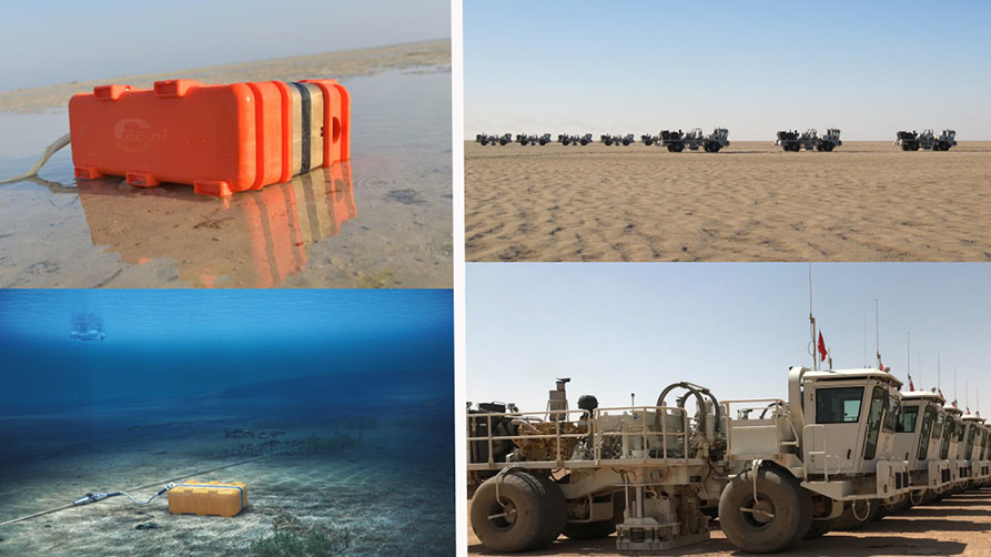 The contracts awarded to Sercel include the delivery of 29,000 GPR300 seabed nodes (left) and 54 Nomad 65 Neo vibrator trucks (right).