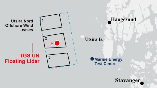The map indicates the deployment location in relation to the Utsira Nord offshore wind leases.