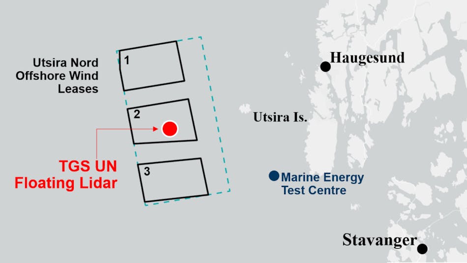 The map indicates the deployment location in relation to the Utsira Nord offshore wind leases.