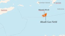Orange represents the Abadi gas field, while the gray area represents the Masela Block.