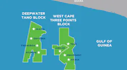Kosmos says the Jubilee Field straddles both the West Cape Three Points and Deepwater Tano blocks.