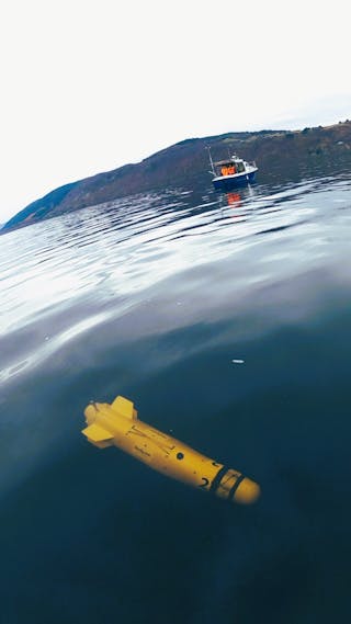 Subsea vehicle just below the water line following launching in Loch Linnhe this May.