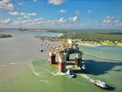 Chevron’s semisubmersible Anchor production platform was recently towed to its field development site in Green Canyon block 87. Chevron’s semisubmersible Anchor production platform was recently towed to its field development site in Green Canyon block 87.