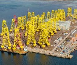 The first of 114 jacket foundations was delivered one year on from contract signature. The first jacket superstructures arrived at the Port of Nigg in August 2021, and the final jacket was installed in April 2023.